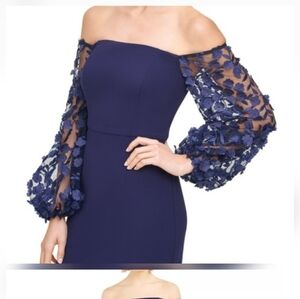Eliza J Off-Shoulder Navy Dress with Floral Lace Sleeves